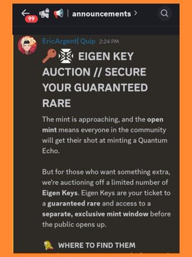 The image shows a cell phone screen displaying an announcement related to NFTs (Non-Fungible Tokens). The text on the screen explains that the Quip network has just released an update, which includes information about minting and guaranteed spot for rare minting. The post also mentions that there is another utility available called "Quantum Echoes NFT Update" that can help users find more details about the announcement.