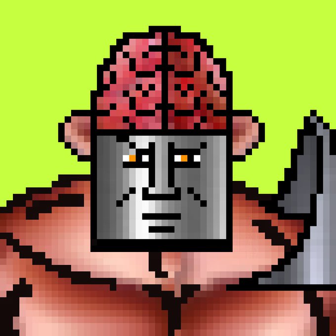 A pixel art portrait of a muscular, gray-faced character with a visible exposed brain and glowing orange eyes is set against a bright green background, symbolizing the unique NFT from the Dog Tag collection that was "teleburned" from Ethereum to Bitcoin via Ord Dropz's utility.