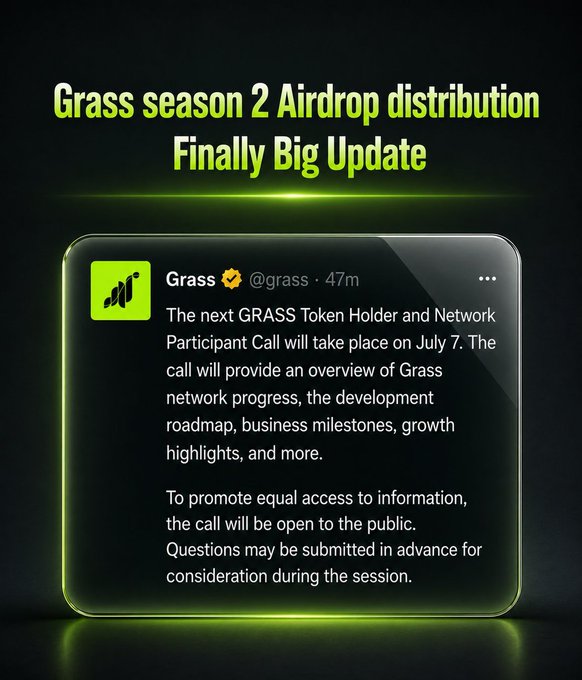 The image shows a social media post with a green background featuring a white square containing text about an upcoming event or release related to the Grass project, which has been officially announced by Grass. The post also includes a question for the audience to consider regarding the event or release.