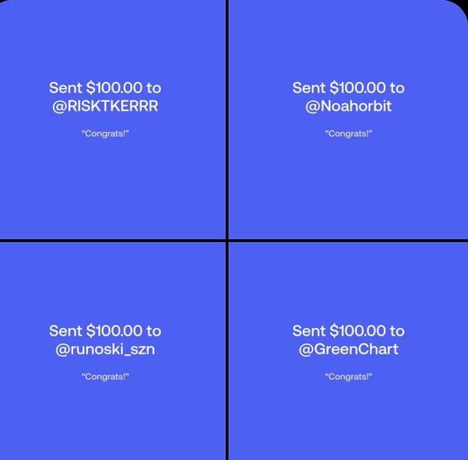 A four-panel collage showing $100.00 payments sent to users @RISKTKERRR, @Noahorbit, @runoski_szn, and @GreenChart with the note "Congrats!", illustrating cash tip rewards being distributed to winners of a Twitter Space giveaway celebrating Bitcoin reaching $80,800.