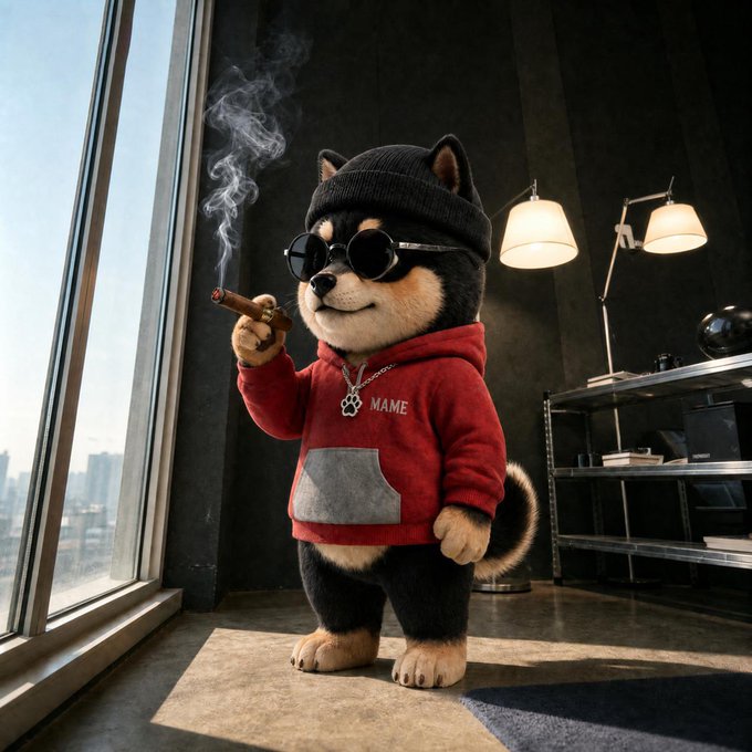 The image features a small, black and white dog wearing a red hoodie with "MAME" written on it. The dog has sunglasses on its head and is holding a cigar in one hand while standing next to a window. The caption reads "清早起床空气好好 $Mame". This suggests that the image might be related to an advertisement or promotion for a product, such as sunglasses or a brand of cigarettes.