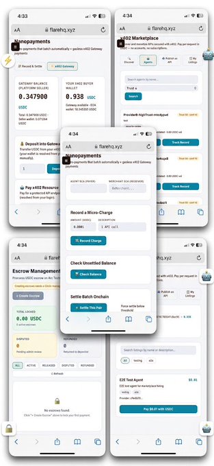 Screenshots of a mobile interface for 'flarhq.xyz' showing HD2 payments, marketplace listings, escrow management, and various USDC transaction features.
