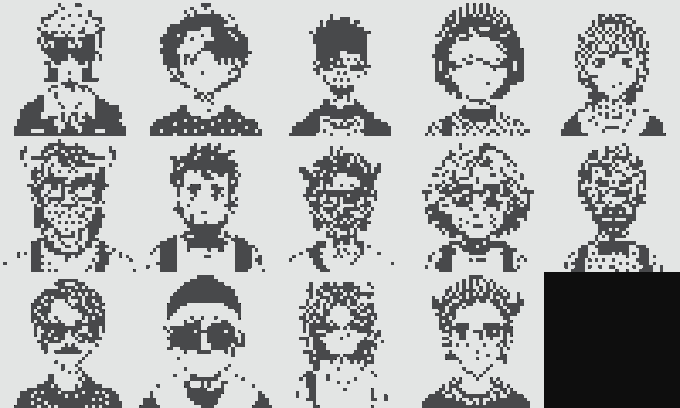 A pixel art grid displaying 14 black-and-white character portraits, including faces with various hairstyles, sunglasses, and one on the bottom right that appears to be glitched or corrupted.
