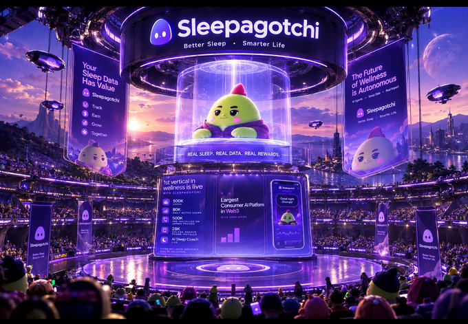 An AI-generated promotional image featuring a green virtual pet character in a glass jar on a futuristic stadium stage, with banners reading 'Sleepagotchi', 'Better Sleep • Smarter Life', and 'The Future of Wellness is Autonomous'.