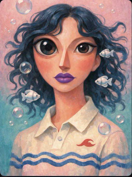 A painted portrait shows a woman with large eyes, blue curly hair, and purple lips surrounded by small fish and bubbles.