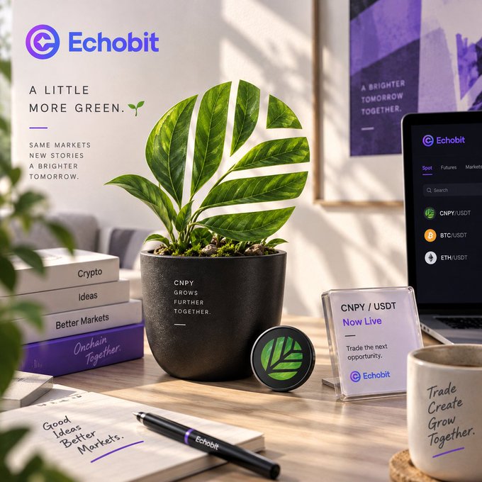 A potted green plant sits on a wooden desk alongside Echobit-branded merchandise, including a notebook labeled "Good Ideas Better Markets," an "Onchain Together" book stack, and a display sign announcing "CNPY/USDT Now Live" on the Echobit Spot platform, visually reinforcing the post's theme of "adding a little more green to the watchlist" for the newly listed $CNPY token.