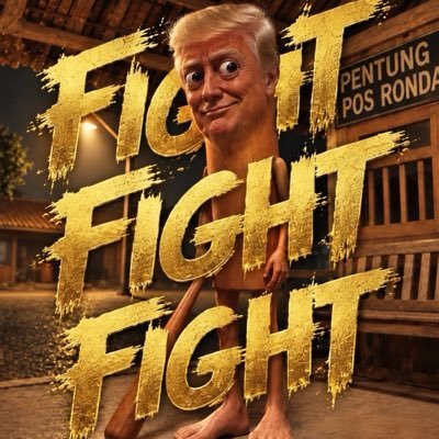 A meme image featuring a caricature with Donald Trump's head photoshopped onto a figure doing pushups, with the word 'FIGHT' repeated three times in gold text and 'PENTUNG POS RONDA' visible.