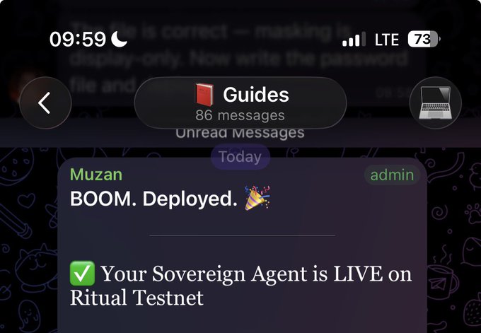 A phone screenshot shows a Telegram notification from "Muzan" (admin) in the "Guides" channel announcing "BOOM. Deployed. 🎉" and confirming "✅ Your Sovereign Agent is LIVE on Ritual Testnet," corroborating the poster's excitement about successfully deploying their first agent on the Ritual testnet after receiving a gifted access code.