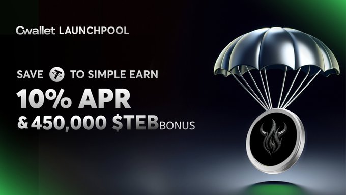 A promotional advertisement for 'Cwallet LAUNCHPOOL' offering 'SAVE T TO SIMPLE EARN 10% APR & 450,000 $TEB BONUS' featuring a metallic parachute coin graphic.