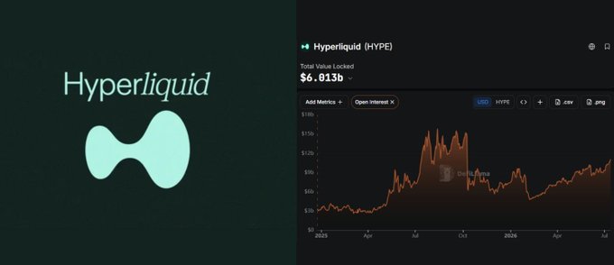 The image shows the Hyperliquid (HYPE) logo alongside a chart displaying its Open Interest metric, currently at $6.01B, visualizing the platform's surging derivatives activity. This supports the post's claim about Hyperliquid's record-breaking $11B Open Interest and $3.69B HIP-3 markets milestone, illustrating the platform's growing dominance in the onchain perpetual futures market.
