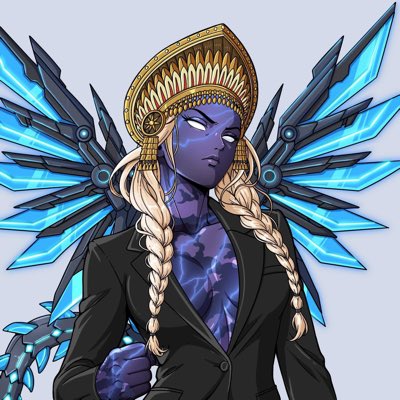 An illustration of a character with blue skin, blonde braids, a golden headdress, and large blue crystalline wings, wearing a black suit.
