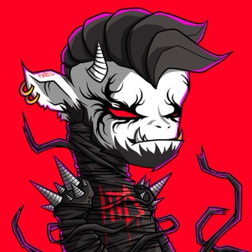 A digital illustration of a sinister, grey-skinned demonic character with horns, a red-and-black striped body, sharp teeth, and a gold hoop earring, set against a bright red background.