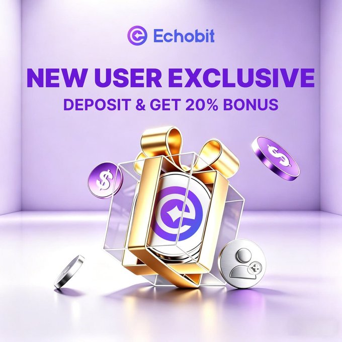 A promotional graphic for Echobit announces 'NEW USER EXCLUSIVE' and 'DEPOSIT & GET 20% BONUS' in purple text, accompanied by a 3D illustration of a gold gift box tied with a ribbon and a coin bearing the Echobit logo, alongside floating crypto-themed coins.