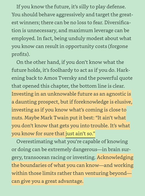 A page of text discussing investment philosophy, with highlighted passages warning about overestimating what you can know and referencing a quote from Mark Twain about things that 'just ain't so.'