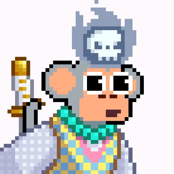 The image features a cartoon monkey wearing a colorful outfit, holding a sword and a shield, with a skull on its head. The background of the image is white, which contrasts with the vibrant colors of the monkey's attire. There are no texts or other objects in the image, making it a simple yet engaging visual representation of the post "What we doing on Tuesday? We celebrate Chuesday !"CHIMP".
