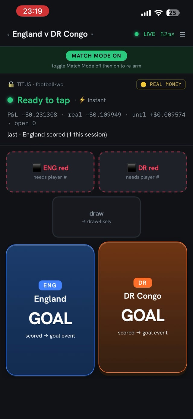 A smartphone screenshot of a live betting app for an England v DR Congo football match, showing 'MATCH MODE ON', real money mode, and large GOAL tap buttons for both teams, with the time 23:19.