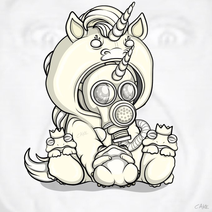 A black and white illustration by artist CAKE depicting a cute character in a gas mask and unicorn hoodie hugging two small cat-like creatures.