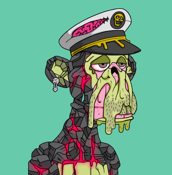 A stylized cartoon illustration of a zombie-like character wearing a captain's hat with pink graffiti lettering and a skull-and-crossbones emblem.