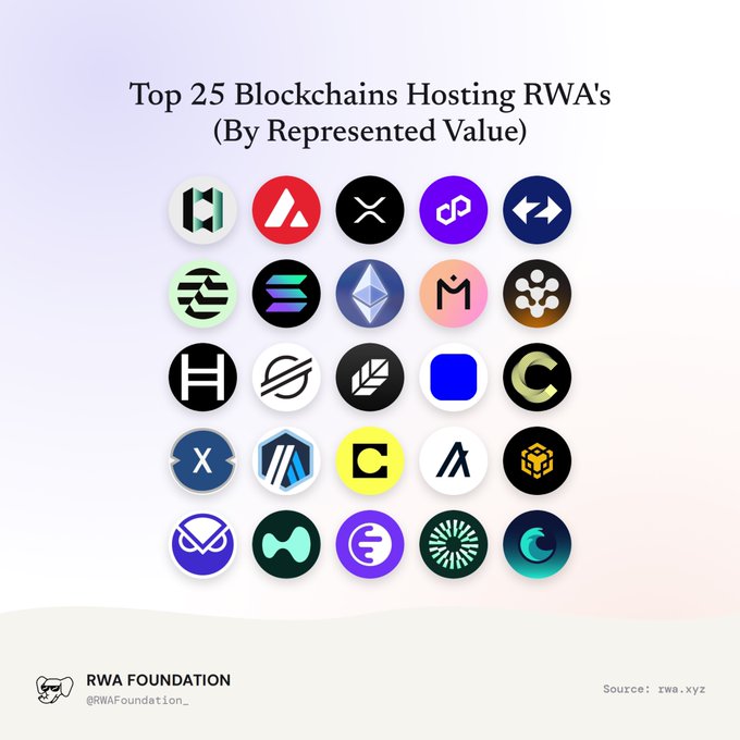 Infographic titled 'Top 25 Blockchains Hosting RWA's (By Represented Value)' showing a grid of 25 cryptocurrency logos, credited to RWA Foundation with source rwa.xyz.
