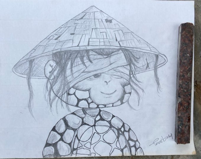A pencil drawing of a stone-textured chibi character wearing a traditional conical Asian hat, with the artist signature "Soupy 2024" visible in the bottom right corner. The artwork reflects the post's description as an original, meditative NFT entry for the Chimpies Art Contest on Solana.