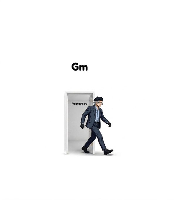 An anime-style illustration of a character in a black suit walking through a white doorway labeled 'Yesterday' toward the viewer, with 'Gm' written above on a white background.