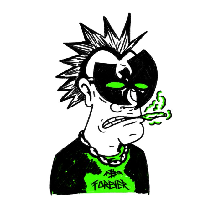 A cartoon illustration of a punk character with spiky hair, sunglasses reflecting green, and a chain necklace, wearing a shirt that reads 'FORNEVER.'