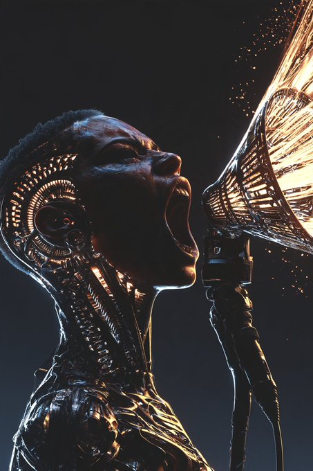 A dramatic digital artwork of a futuristic humanoid robot screaming into a microphone with sparks flying.