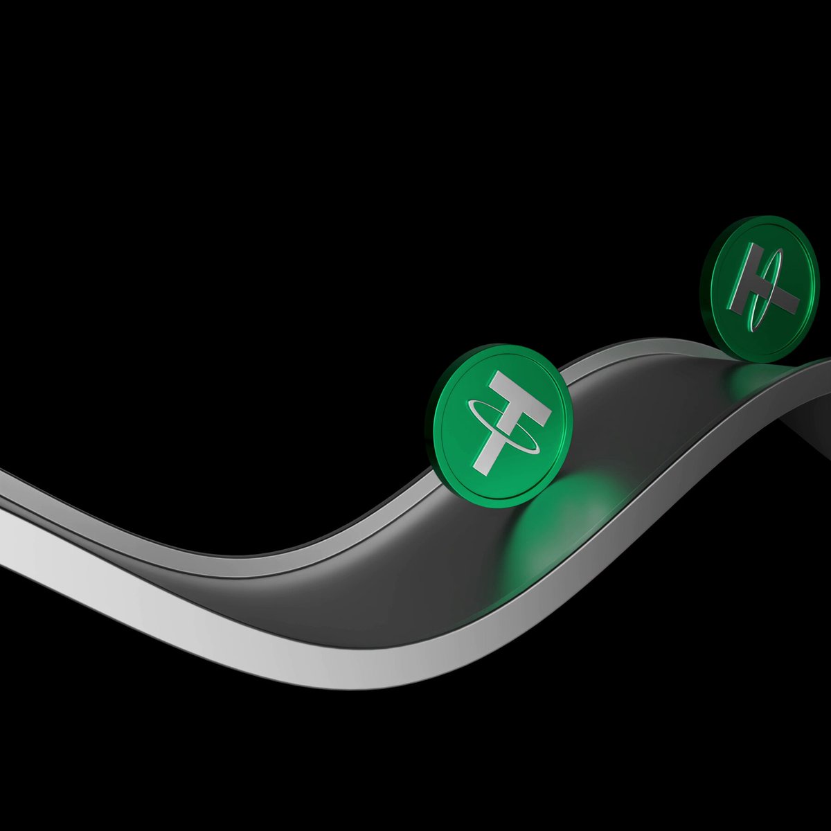 The image features two green coins with white "T" symbols on them, placed on a curved surface that resembles a roller coaster track or a wave-like shape. The text in the image reads "USDC migration has been officially completed. All perpetual contracts on the Injective dApp are now fully denominated in @USDC". This suggests that the coins have been minted and are now being used as legal tender, with all perpetual contracts converted to USDC format for regulation purposes.

The coins appear to be floating or rolling along a curved surface, which could represent a roller coaster track or a wave-like shape. The image is in black and white, giving it a 3D effect that adds depth and realism to the scene.