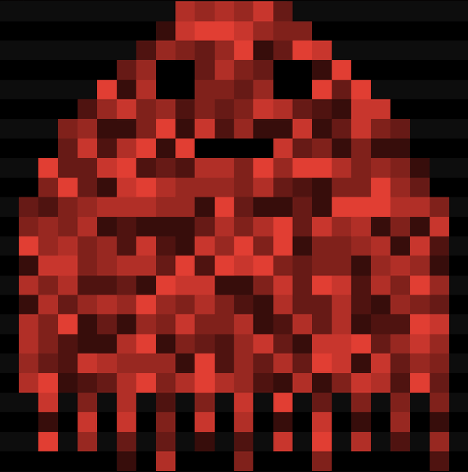A pixelated, crimson ghost sprite with black eyes and mouth, rendered in a retro 8-bit style that directly references the "CRT Ghost" NFT highlighted in the post, evoking classic arcade aesthetics without any text or numbers visible in the image.