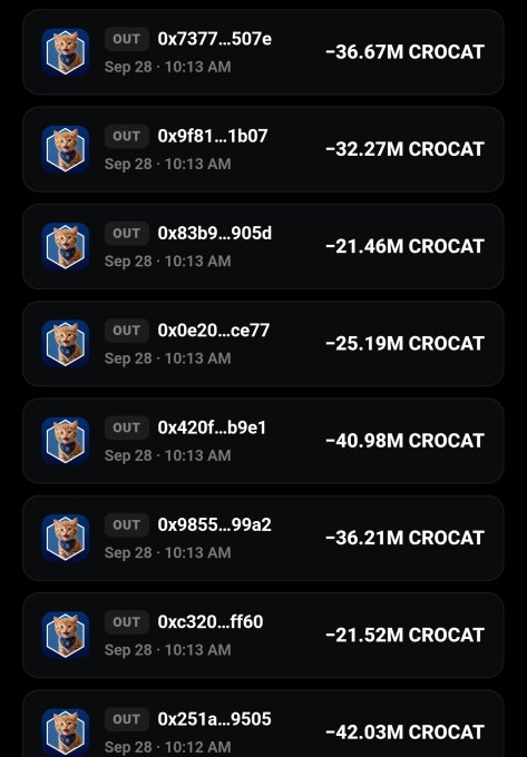 A mobile screen displays a list of outgoing transactions involving the 'CROCAT' token, showing various wallet addresses and amounts like '-36.67M CROCAT' and '-42.03M CROCAT' dated Sep 28.