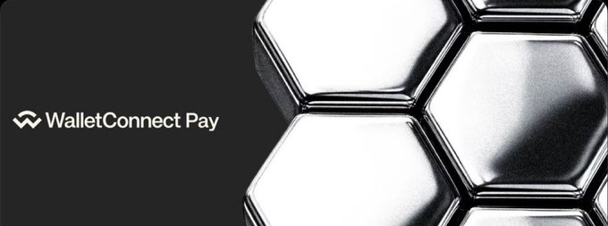 Minimalist black and white graphic showing the 'WalletConnect Pay' logo on the left and a close-up of metallic hexagonal tiles on the right.