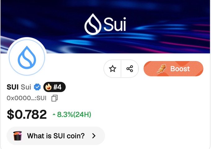 A SUI cryptocurrency listing showing a price of $0.782 with an 8.3% increase over 24 hours, ranked #4.