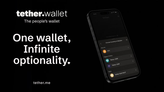 A promotional advertisement for tether.wallet with the tagline 'The people's wallet' and 'One wallet, Infinite optionality,' showing a phone displaying options to receive Bitcoin (BTC), Tether USDt, and Tether Gold XAUT, with the website tether.me.