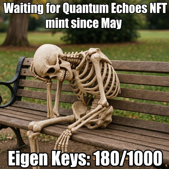 Meme showing a skeleton slumped on a park bench with text 'Waiting for Quantum Echoes NFT mint since May' and 'Eigen Keys: 180/1000'.