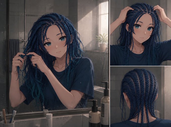A three-panel anime-style illustration showing a girl with blue braided hair in various poses in a bathroom setting.