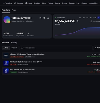 A screenshot of a Polymarket prediction page showing a market titled 'totoro3miyazaki' about the US Open match between Frances Tiafoe and Alex Michelsen, with a current value of $1,514,433.90.