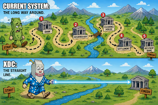 The image shows a cartoon depiction of a cross-border payment system, with two paths representing the current system and an alternative network. The current system has three steps, while the alternative network only requires one step for settlement. The cartoon also includes text that explains the differences between the two systems in terms of settlement time, fees, and costs.