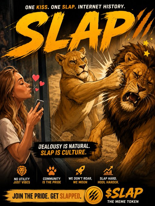 A promotional poster for the '$SLAP' meme token featuring a lioness slapping a lion, with text reading 'ONE KISS. ONE SLAP. INTERNET HISTORY.', 'DEALOUSY IS NATURAL. SLAP IS CULTURE.', and 'JOIN THE PRIDE. GET SLAPPED.'