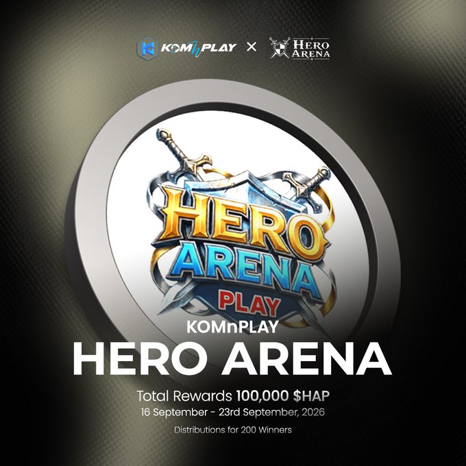 Promotional graphic for a KOMnPLAY x Hero Arena event offering total rewards of 100,000 $HAP from September 16-23, 2026, distributed among 200 winners.