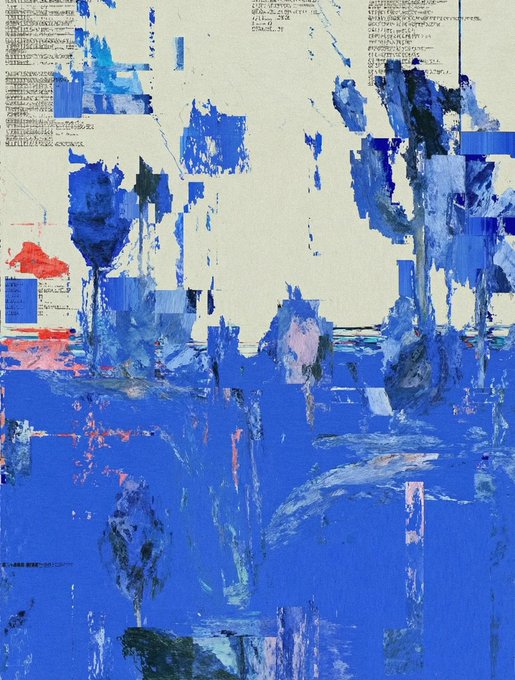 An abstract mixed-media artwork featuring bold blue brushstrokes, collage elements including grape clusters, watermelon, and orange slices, with fragments of printed text at the top, evoking a vivid, tropical composition. The accompanying post references a "gm" message and availability on @TransientLabs, suggesting this is a digital or NFT artwork shared by the creator on that platform.