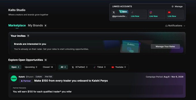 Screenshot of Kaito Studio's "Explore Open Opportunities" page showing a new campaign from Kalshi (pre-TGE, Partner status) offering $150 per referred trader, with a campaign period from Aug 6 – Nov 6, 2026, matching the post's affiliate promotion details.
