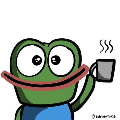 A cartoon image of Pepe the Frog smiling widely while holding a smartphone with steam rising from it, signed '@Baldenidos'.