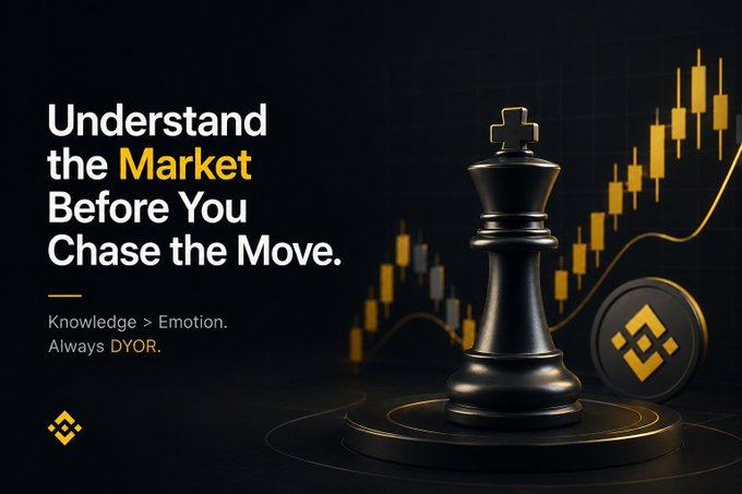 The image features a black chess king piece alongside a Binance (BNB) logo and a candlestick chart showing an upward trend, with the text "Understand the Market Before You Chase the Move" and "Knowledge > Emotion. Always DYOR." 

This visual reinforces the post's message about resisting the urge to impulsively chase crypto market moves—using the chess king as a symbol of strategic thinking rather than emotional reactions to rapid price swings.