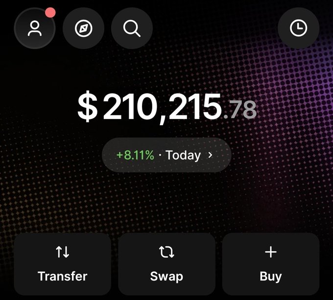 A cryptocurrency wallet app screenshot showing a balance of $210,215.78 with an +8.11% daily gain, featuring Transfer, Swap, and Buy buttons at the bottom.