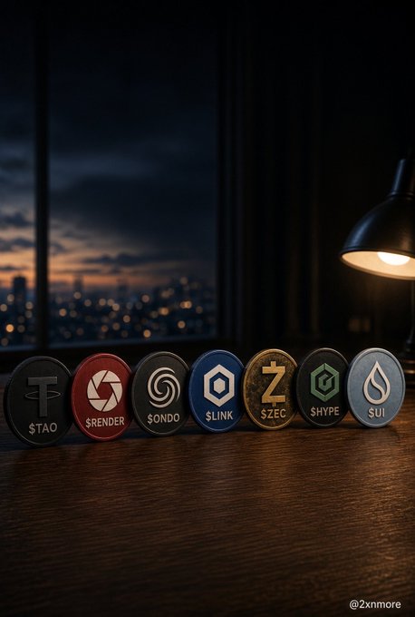 Seven cryptocurrency coins are lined up on a wooden surface at night, including $TAO, SRENDER, $ONDO, $LINK, $ZEC, $HYPE, and $SUI, with a city skyline visible through a window.