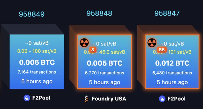 Bitcoin mining block stats showing blocks 958849 (F2Pool), 958848 (Foundry USA with radiation warning), and 958847 (F2Pool), each with sat/vB rates, BTC rewards, and transaction counts.