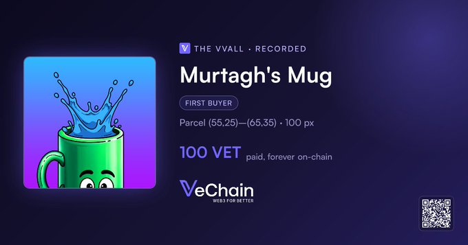 A digital collectible listing for "Murtagh's Mug" from "THE VVALL - RECORDED," showing a green cartoon mug with a blue splash, priced at 100 VET on the VeChain blockchain.