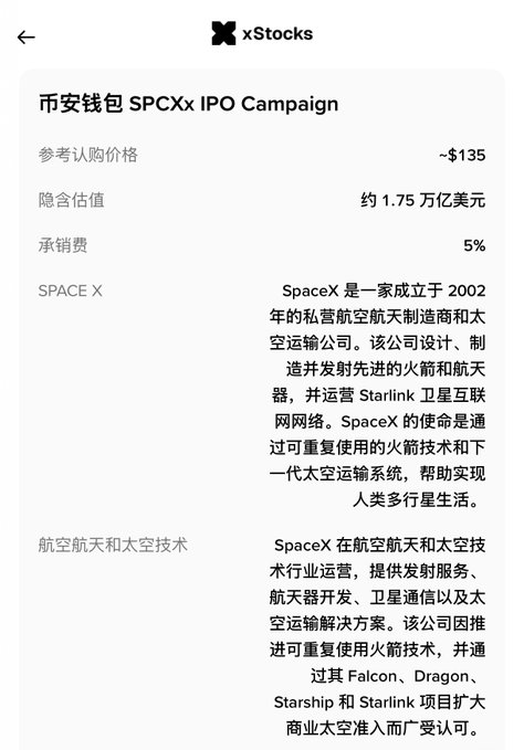 The image displays a screenshot of a white piece of paper with Asian writing displayed on it. The text indicates that there has been a new listing of SpaceX, and it was listed at $SPCX'S new listing price of 1 million U., along with an underwriting fee of 5%. Additionally, it shows the bidding prices for the listing, which are at 1 million U. with a bid value of 135U. The post also contains information about a campaign, stating that the investors have been able to purchase stock at this price, and the new listing has been listed on Binance's wallet. The image focuses on the content related to the SpaceX listing and highlights its significance in relation to the current market situation.