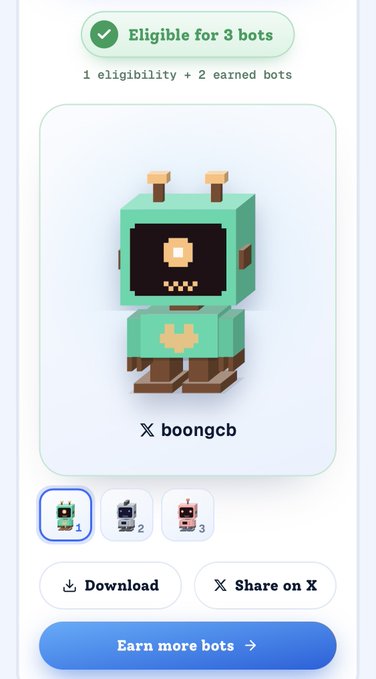 A mobile app screen showing a 3D green pixel character NFT/bot under the username 'boongcb', marked 'Eligible for 3 bots' with download and X share options.