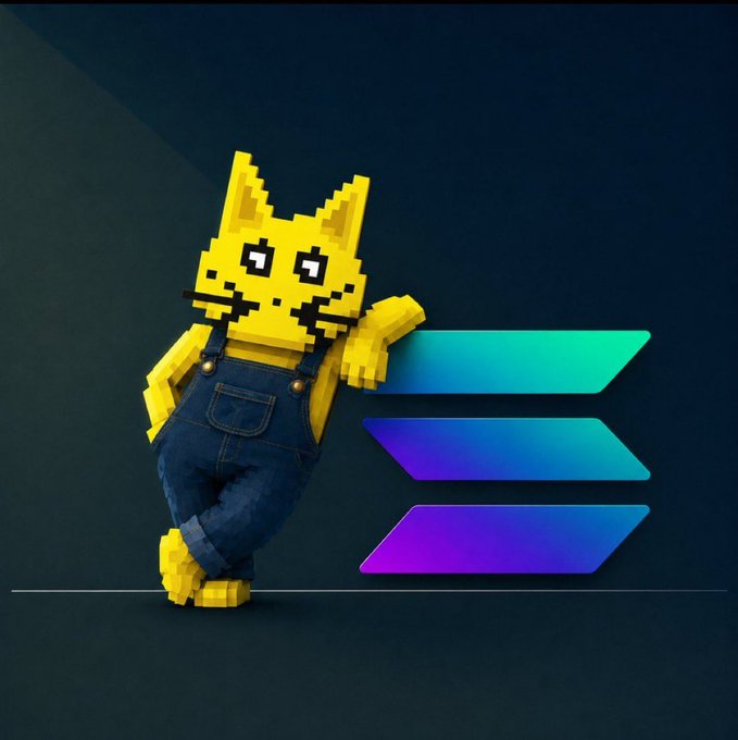 A pixelated yellow cat wearing denim overalls leans against a stylized Solana logo on a dark background, illustrating the image's caption that there is only one official "SOLCAT" cat on Solana's GitHub.